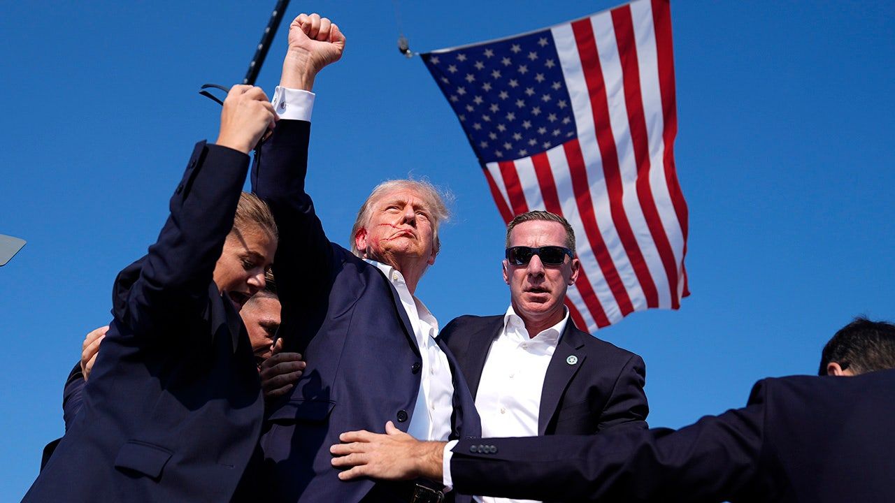 Donald Trump raises his fist, blood on his face, beneath the American flag in Butler, Pennsylvania