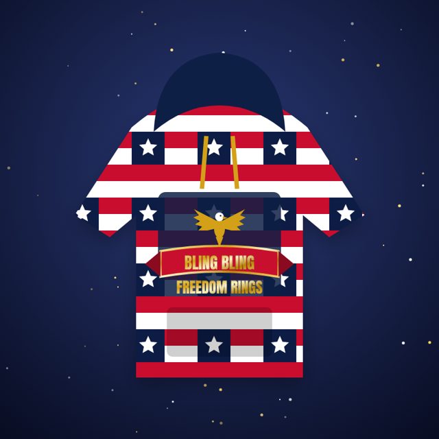 Design mock-up: Bling Bling Freedom Rings AOP Hoodie (all-over flag print + gold-look print)