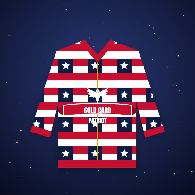 Design mock-up: Gold Card Patriot AOP Bomber (all-over flag print)
