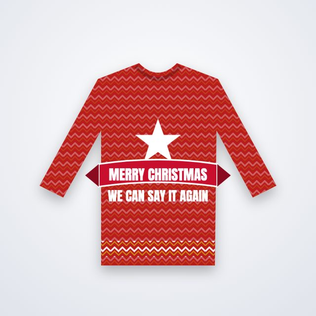 Design mock-up: We Can Say It Again Ugly Christmas Sweater (knit-look all-over print)